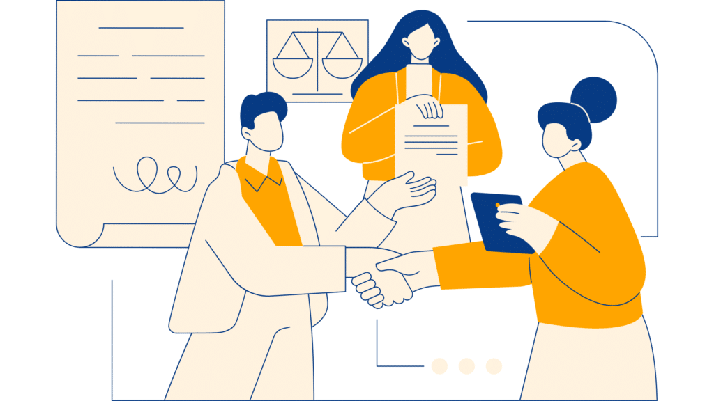 Two people shaking hands while another holds legal documents, symbolizing agreement and legal assistance.