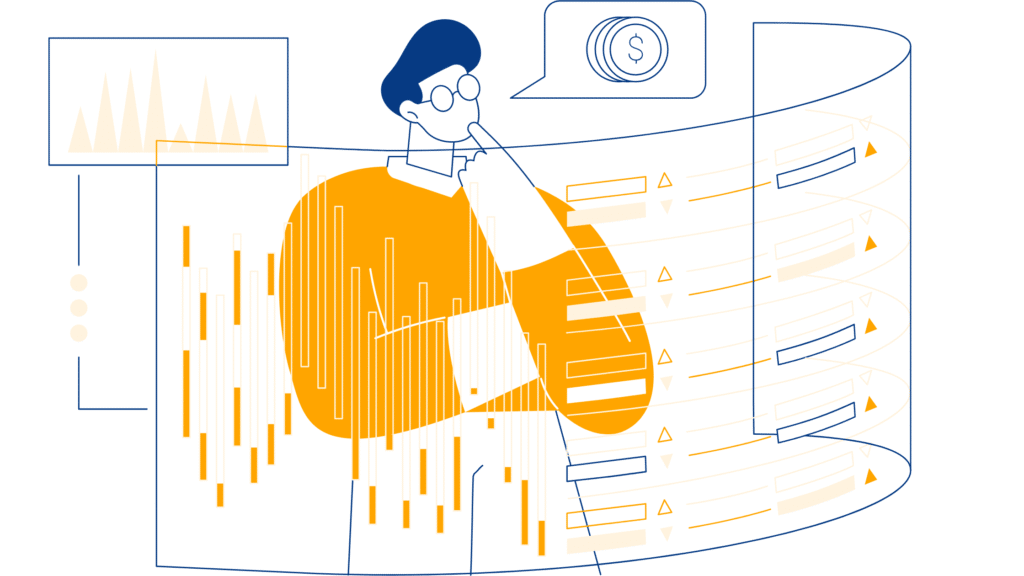 A person reviews financial data with charts and graphs, representing the process of managing finances. A dollar symbol in the background suggests the importance of choosing the right legal loan for lawyer fees.​⬤