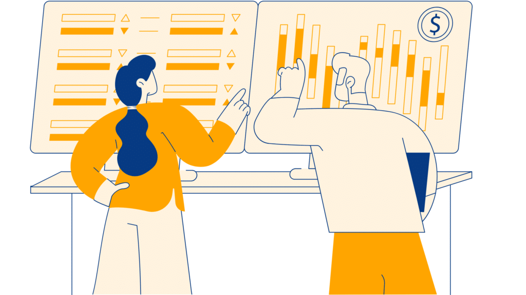 Two people analyze charts, discussing eligibility requirements for financial options.